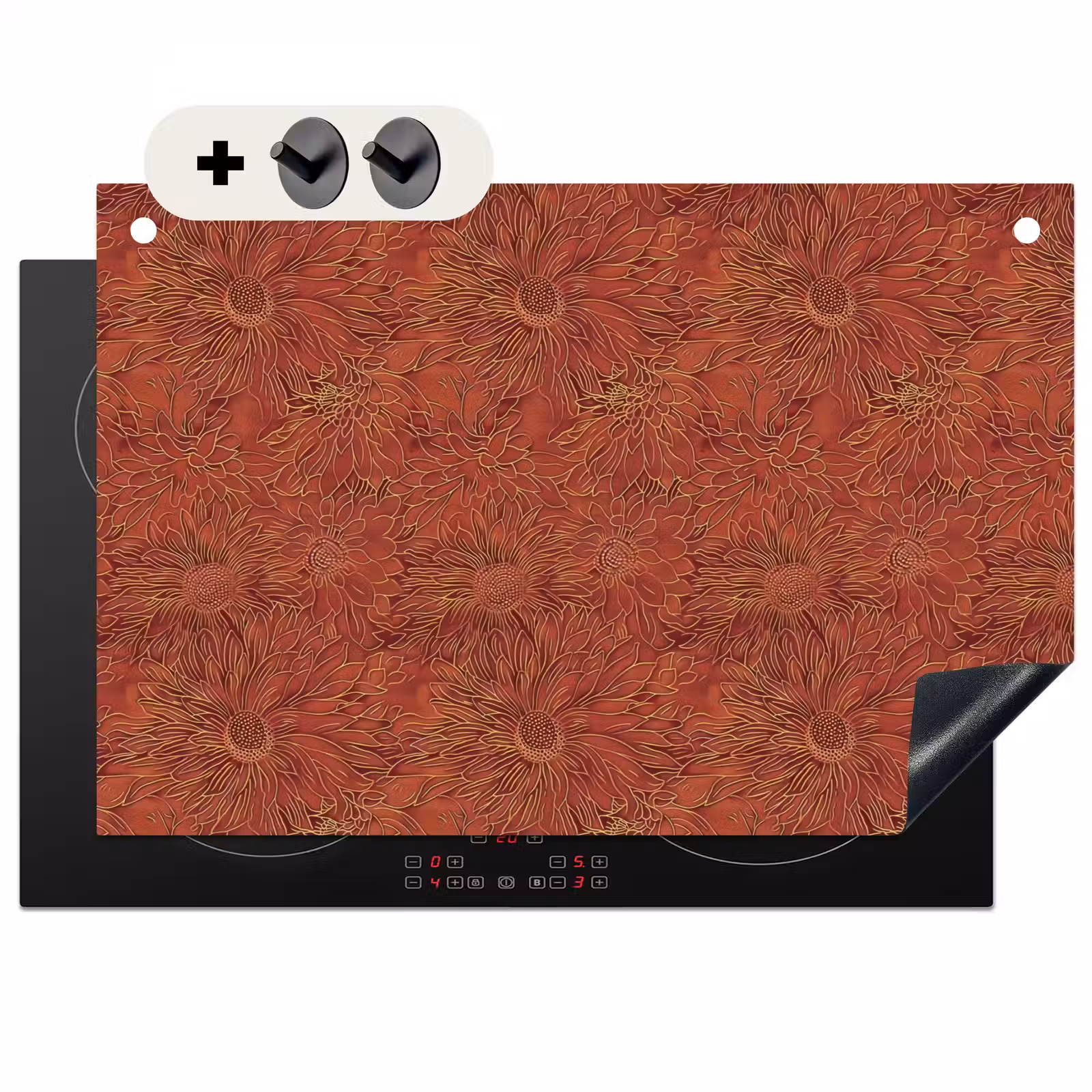 2-in-1 Herdabdeckplatte & Spritzschutz - Orientalisch - Blumen - Terrakotta - Oosters - Bloemen - Terracotta Inductie beschemer met haakjes klein 777