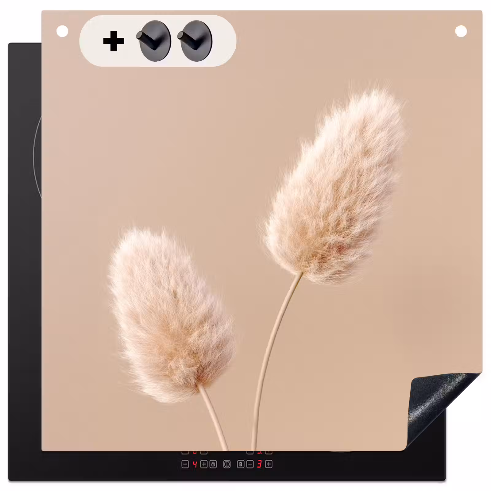 2-in-1 Herdabdeckplatte & Spritzschutz - Pampasfedern - Beige - Pflanzen - Pampas pluimen - Beige - Planten Inductie beschemer met haakjes middel