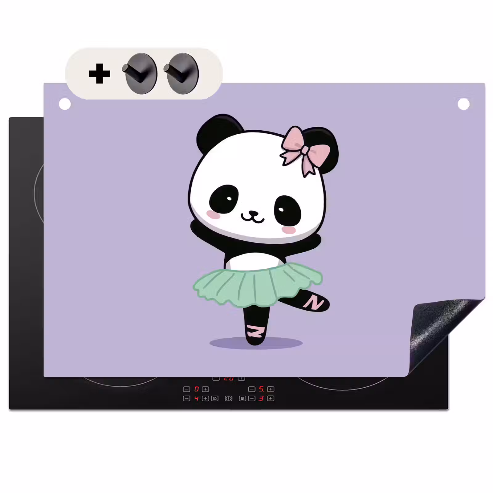 2-in-1 Herdabdeckplatte & Spritzschutz - Panda - Lila - Verschnörkelt - Kawaii - Panda - Paars - Sierlijk - Kawaii Inductie beschemer met haakjes klein