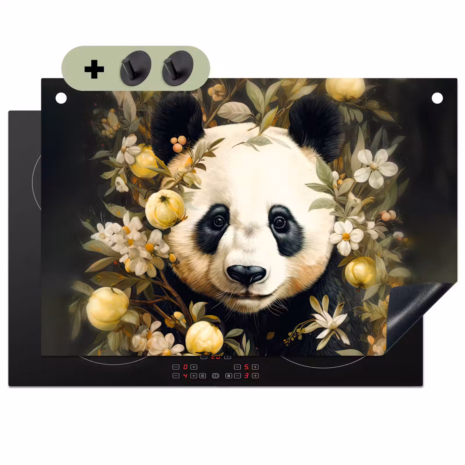 2-in-1 Herdabdeckplatte & Spritzschutz - Panda - Pandabär - Wildtiere - Blumen - Panda - Pandabeer - Wilde dieren - Natuur - Bloemen Inductie beschemer met haakjes klein