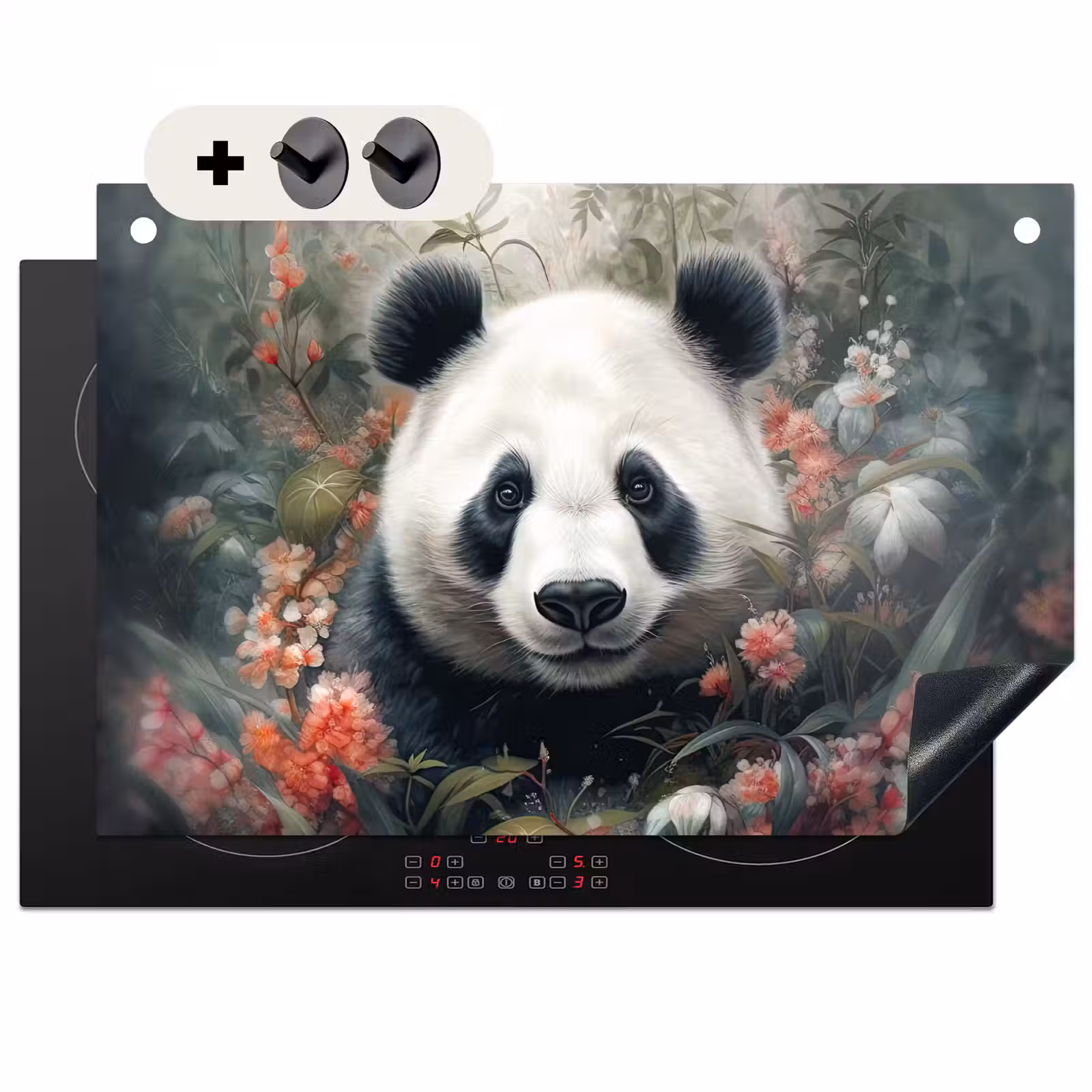 2-in-1 Herdabdeckplatte & Spritzschutz - Panda - Wildtiere - Blumen - Natur - Panda - Wilde dieren - Bloemen - Natuur Inductie beschemer met haakjes klein