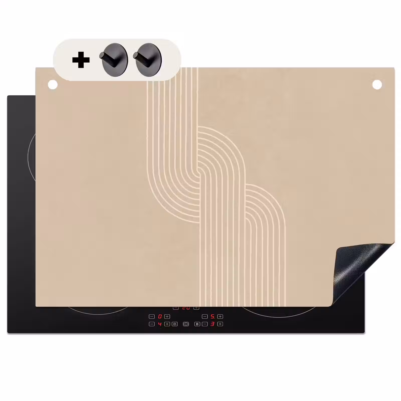 2-in-1 Herdabdeckplatte & Spritzschutz - Parallele Linien - Leichte Textur - Beige - Parallelle lijnen - Lichte textuur - Beige Inductie beschemer met haakjes klein