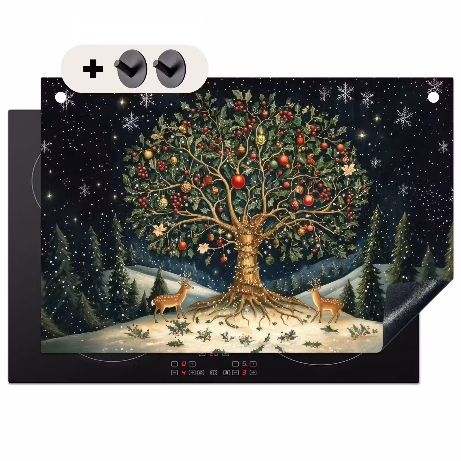 2-in-1 Herdabdeckplatte & Spritzschutz - Partybaum - Winterhimmel - Farbenfroh - Feestboom - Winterhemel - Kleurrijk Inductie beschemer met haakjes klein