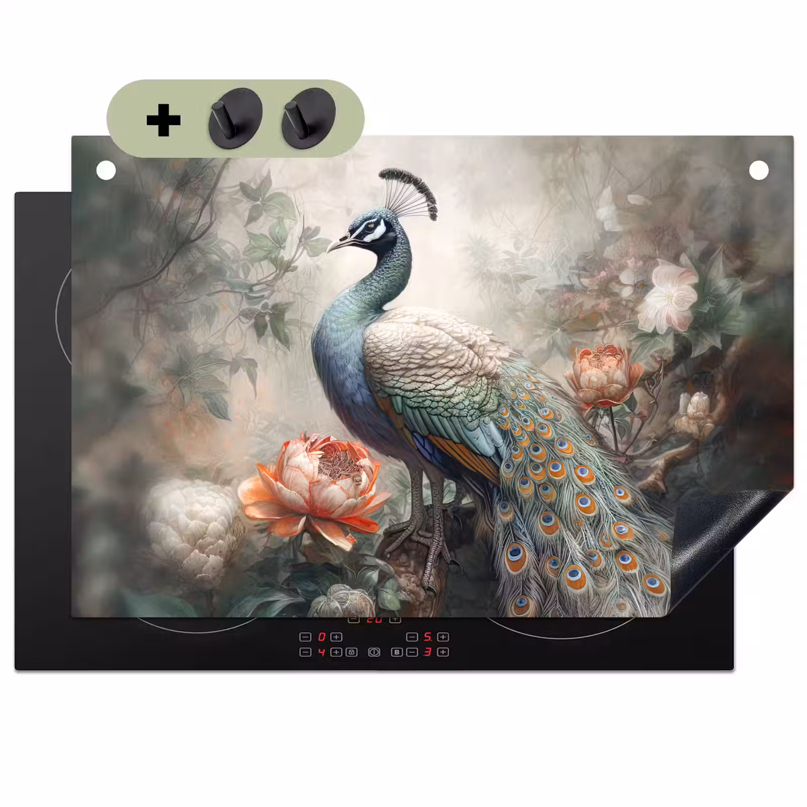 2-in-1 Herdabdeckplatte & Spritzschutz - Pfau - Pfauenfedern - Vogel - Dschungel - Blumen - Pauw - Pauwenveren - Vogel - Jungle - Bloemen Inductie beschemer met haakjes klein