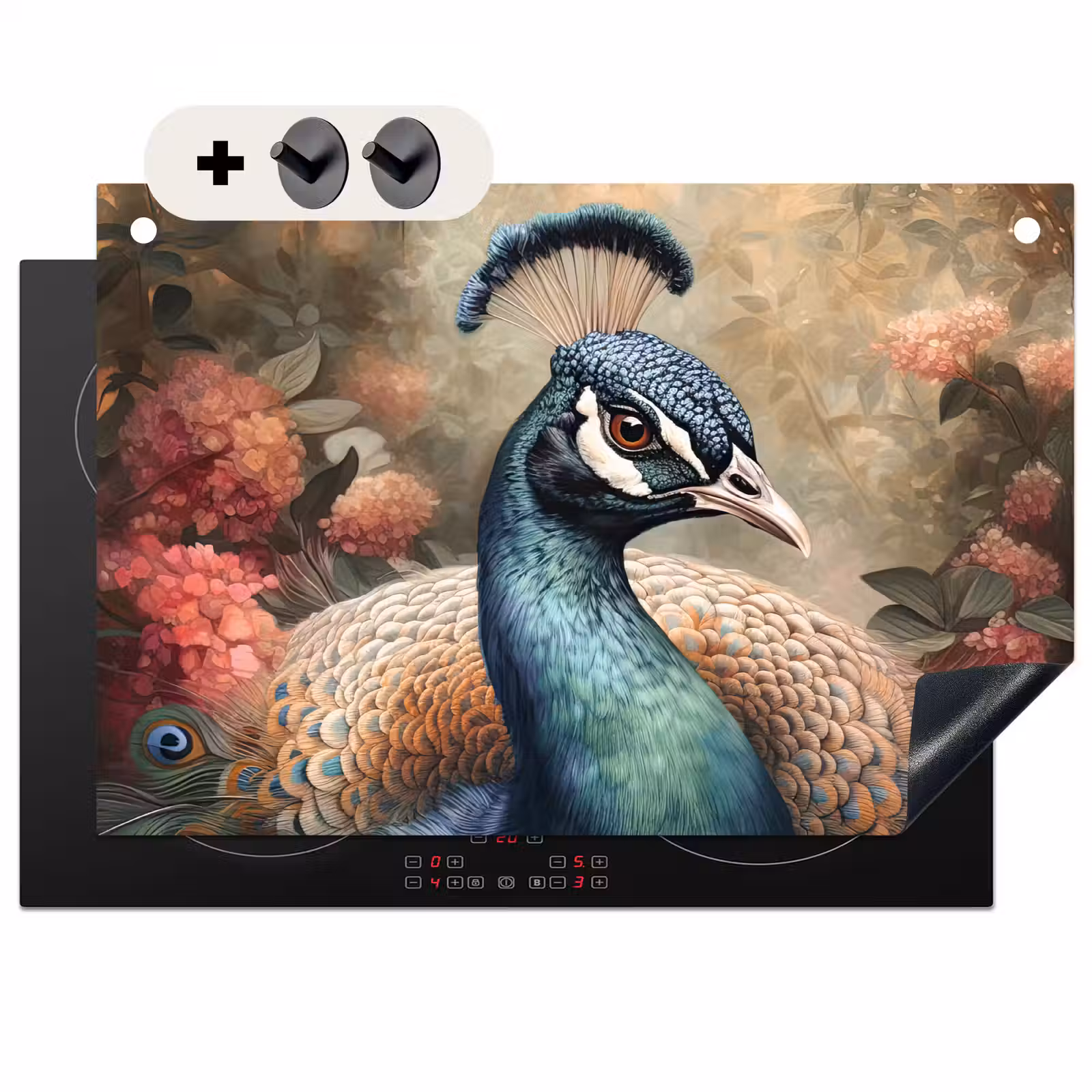 2-in-1 Herdabdeckplatte & Spritzschutz - Pfau - Vogel - Pflanzen - Pfauenfedern - Pauw - Vogel - Bloemen - Planten - Pauwenveren Inductie beschemer met haakjes klein
