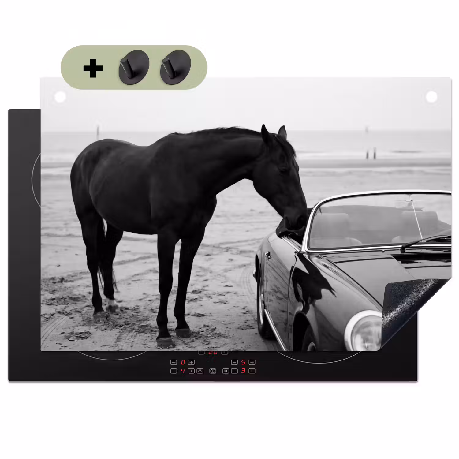 Paard - Auto - Zwart - Wit Inductie beschemer met haakjes klein -3d