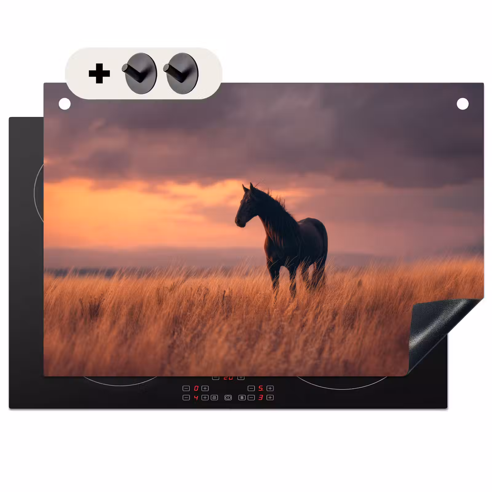 2-in-1 Herdabdeckplatte & Spritzschutz - Pferd - Wolken - Offenes Feld - Paard - Wolken - Open veld Inductie beschemer met haakjes klein
