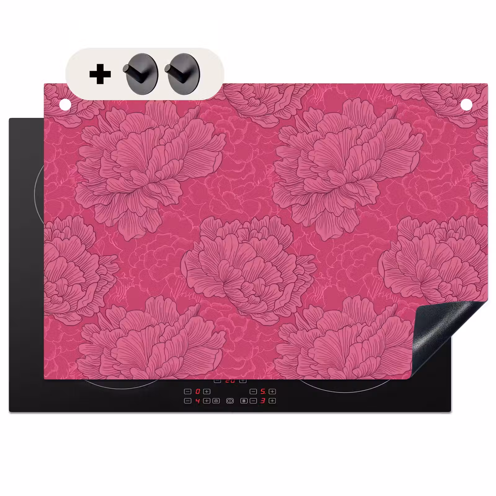 2-in-1 Herdabdeckplatte & Spritzschutz - Pfingstrosen - Energetisch - Rosa - Pioenrozen - Energiek - Roze Inductie beschemer met haakjes klein 777