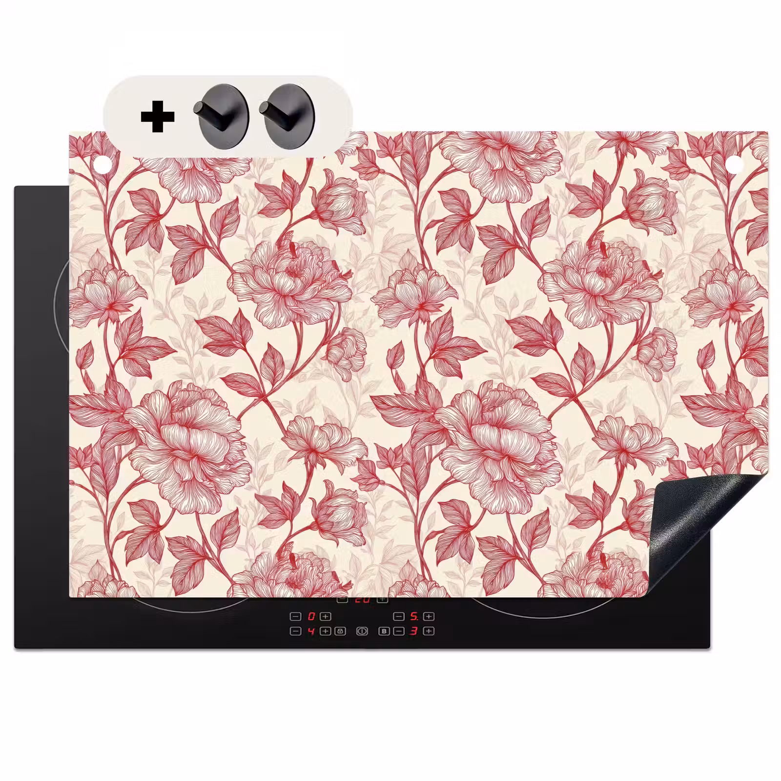 2-in-1 Herdabdeckplatte & Spritzschutz - Pfingstrosen - Modern - Rot - Pioenrozen - Modern - Rood Inductie beschemer met haakjes klein 777