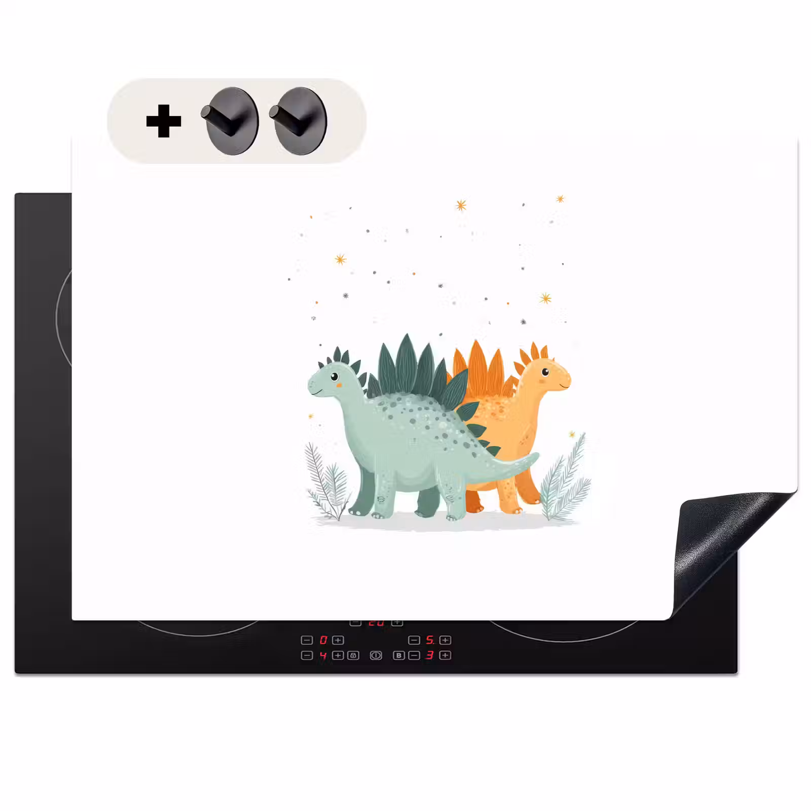 2-in-1 Herdabdeckplatte & Spritzschutz - Pflanzen - Sterne - Dinosaurier - Orange - Planten - Sterren - Dinosaurussen - Oranje Inductie beschemer met haakjes klein