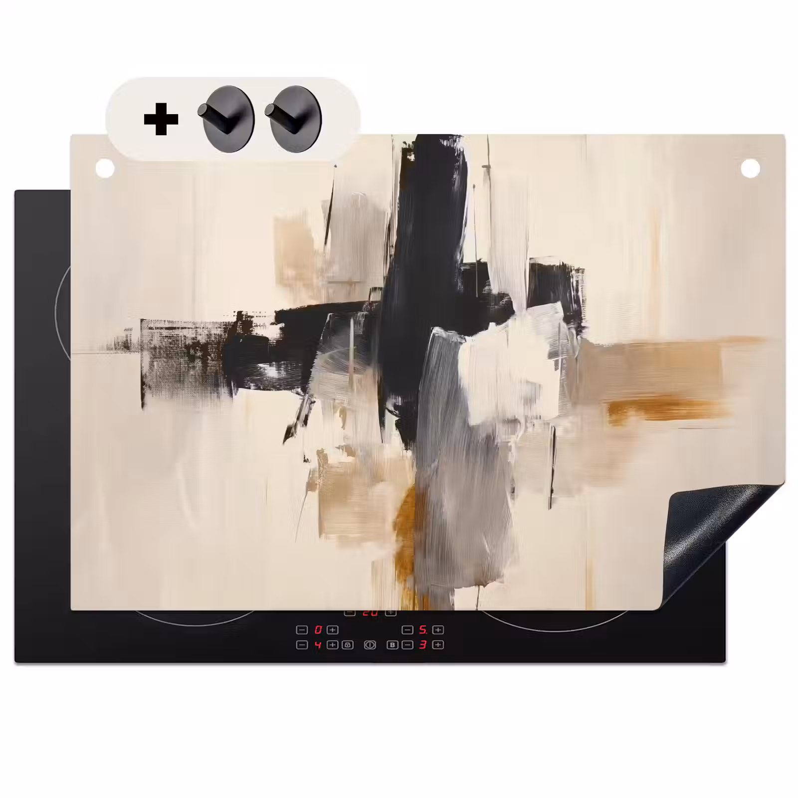 2-in-1 Herdabdeckplatte & Spritzschutz - Pinselstriche - Grob - Abstrakt - Beige - Penseelstreken - Ruw - Abstract - Beige Inductie beschemer met haakjes klein