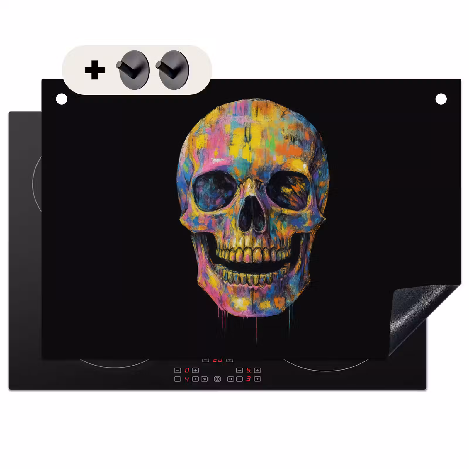 2-in-1 Herdabdeckplatte & Spritzschutz - Pinselstriche - Totenkopf - Farbenfroh - Abstrakt - Penseelstreken - Schedel - Kleurrijk - Abstract Inductie beschemer met haakjes klein
