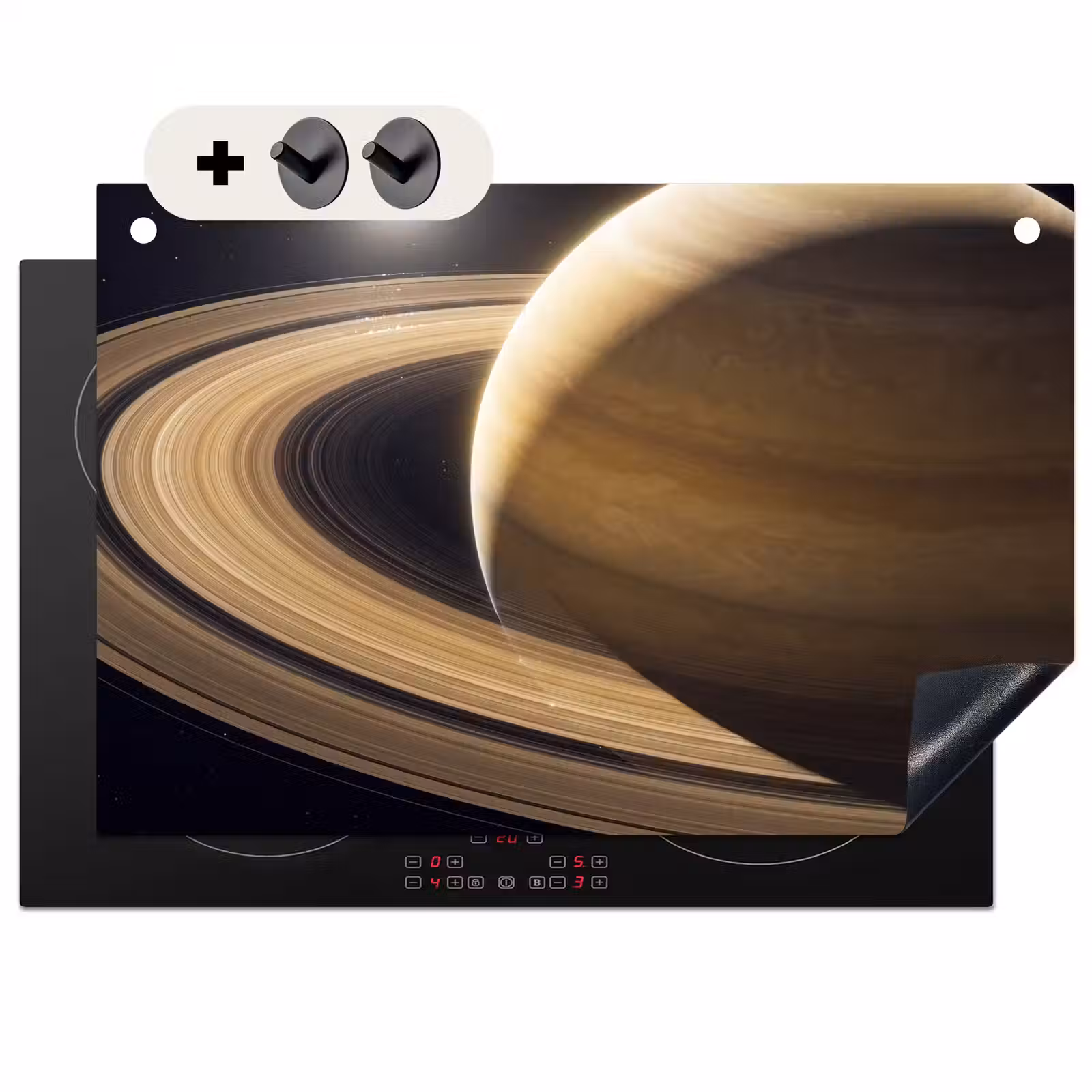 2-in-1 Herdabdeckplatte & Spritzschutz - Planet – Ringe – Weltraum - Planeet - Ringen - Ruimte Inductie beschemer met haakjes klein