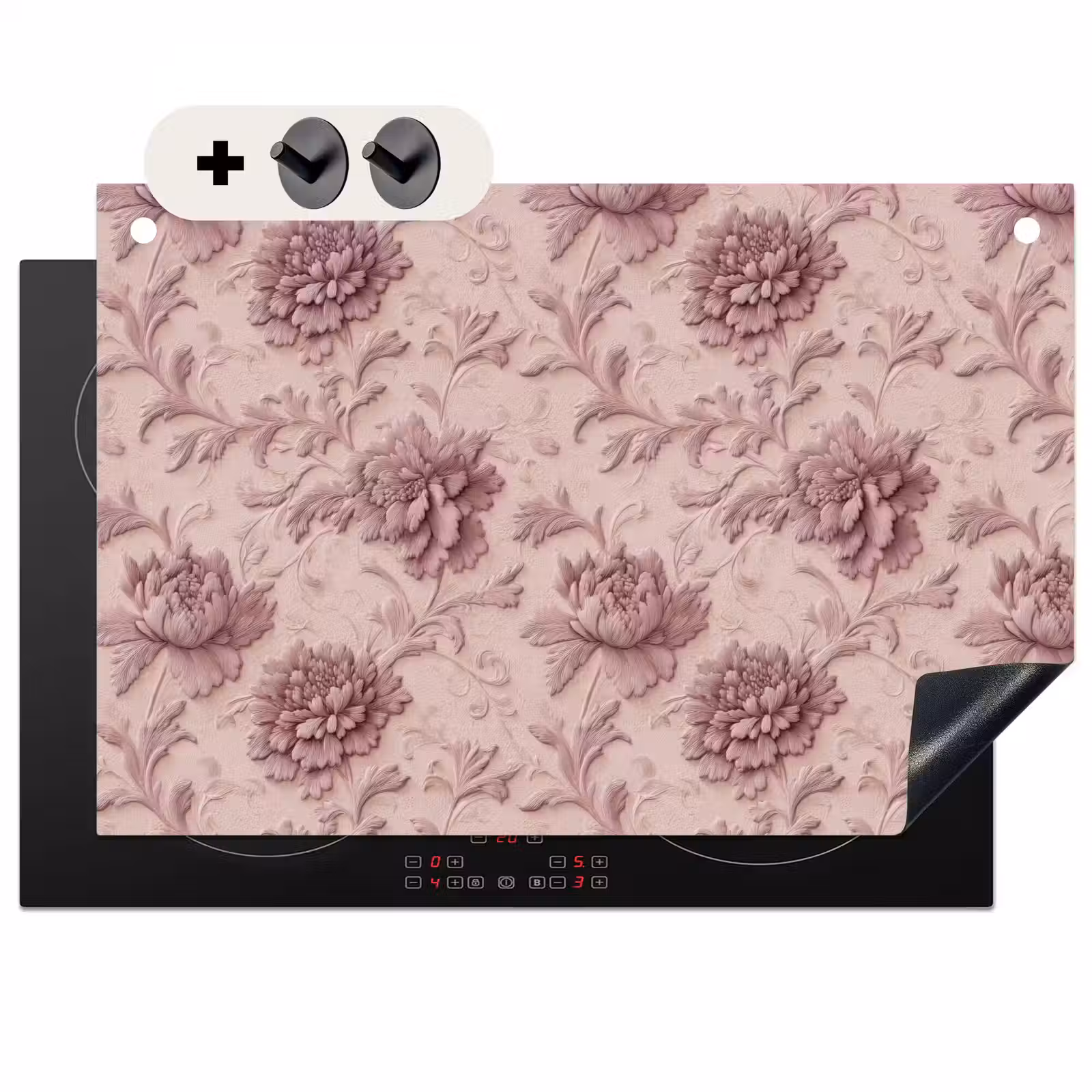 2-in-1 Herdabdeckplatte & Spritzschutz - Relief - Pfingstrosen - Rosa - Reliëf - Pioenrozen - Roze Inductie beschemer met haakjes klein 777