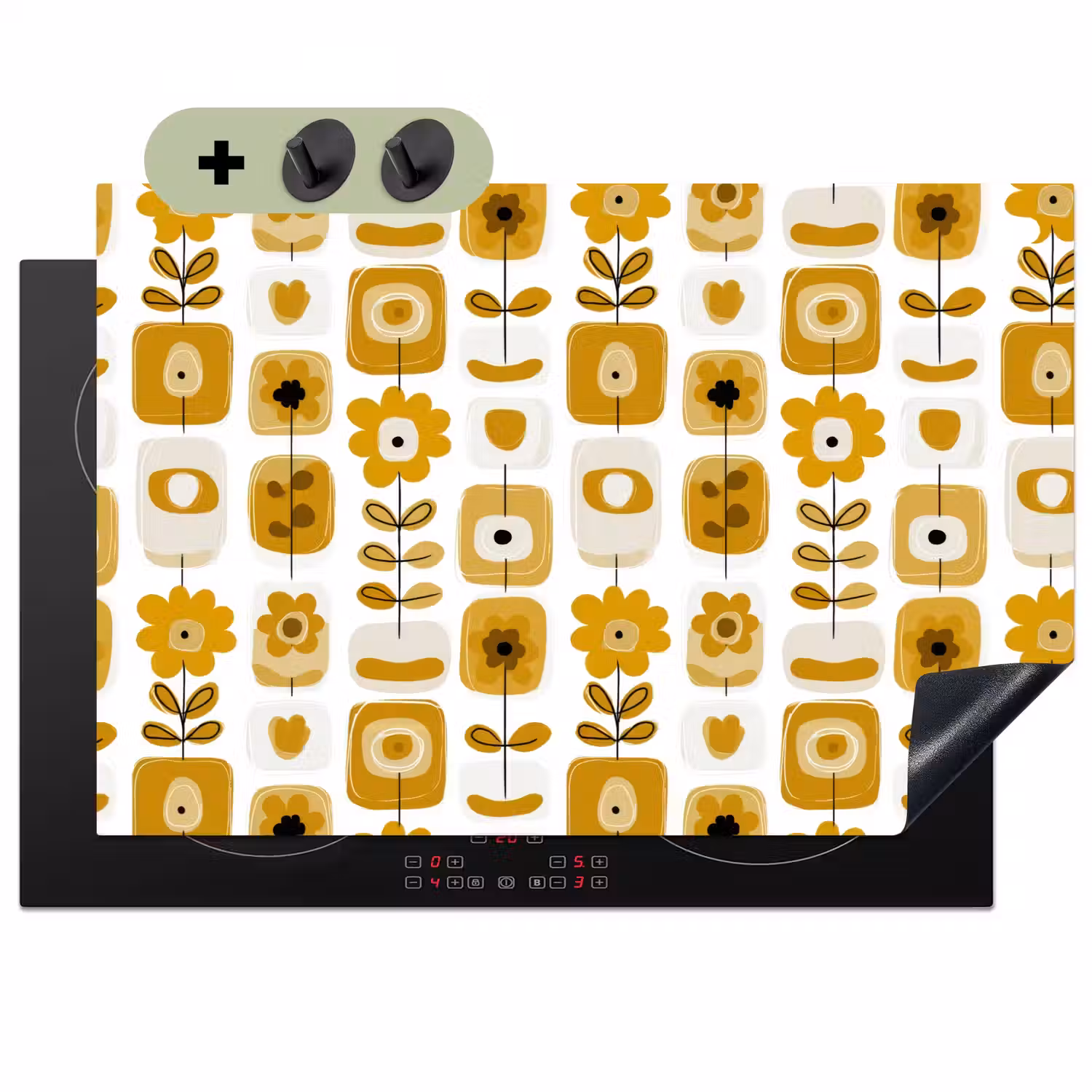 Retro - Abstract - Bloemen - Okergeel Inductie beschemer met haakjes klein 777 -3d