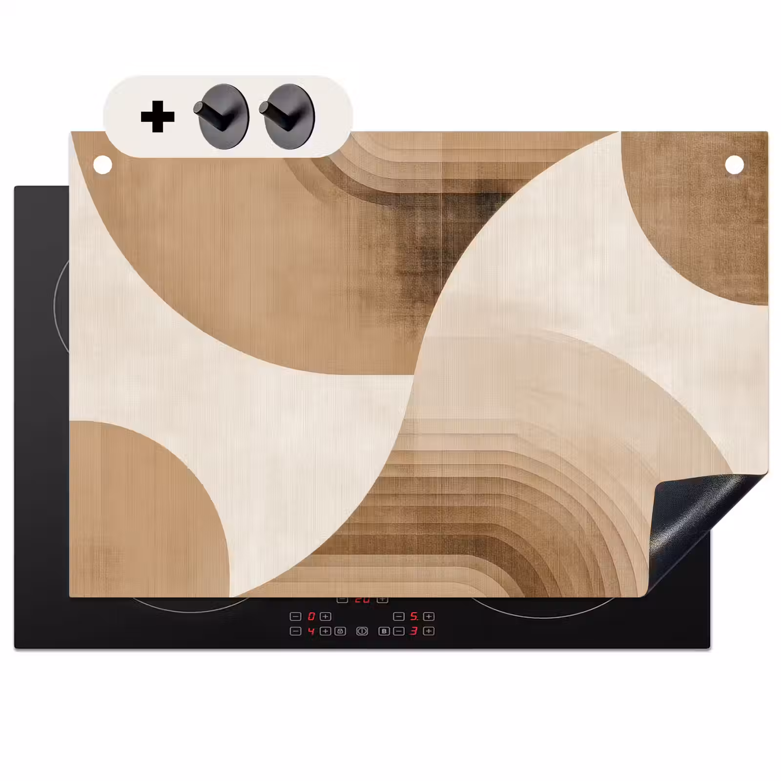 2-in-1 Herdabdeckplatte & Spritzschutz - Retro - Geometrische Schichten - Erdtöne - Retro - Geometrische lagen - Aardetinten Inductie beschemer met haakjes klein
