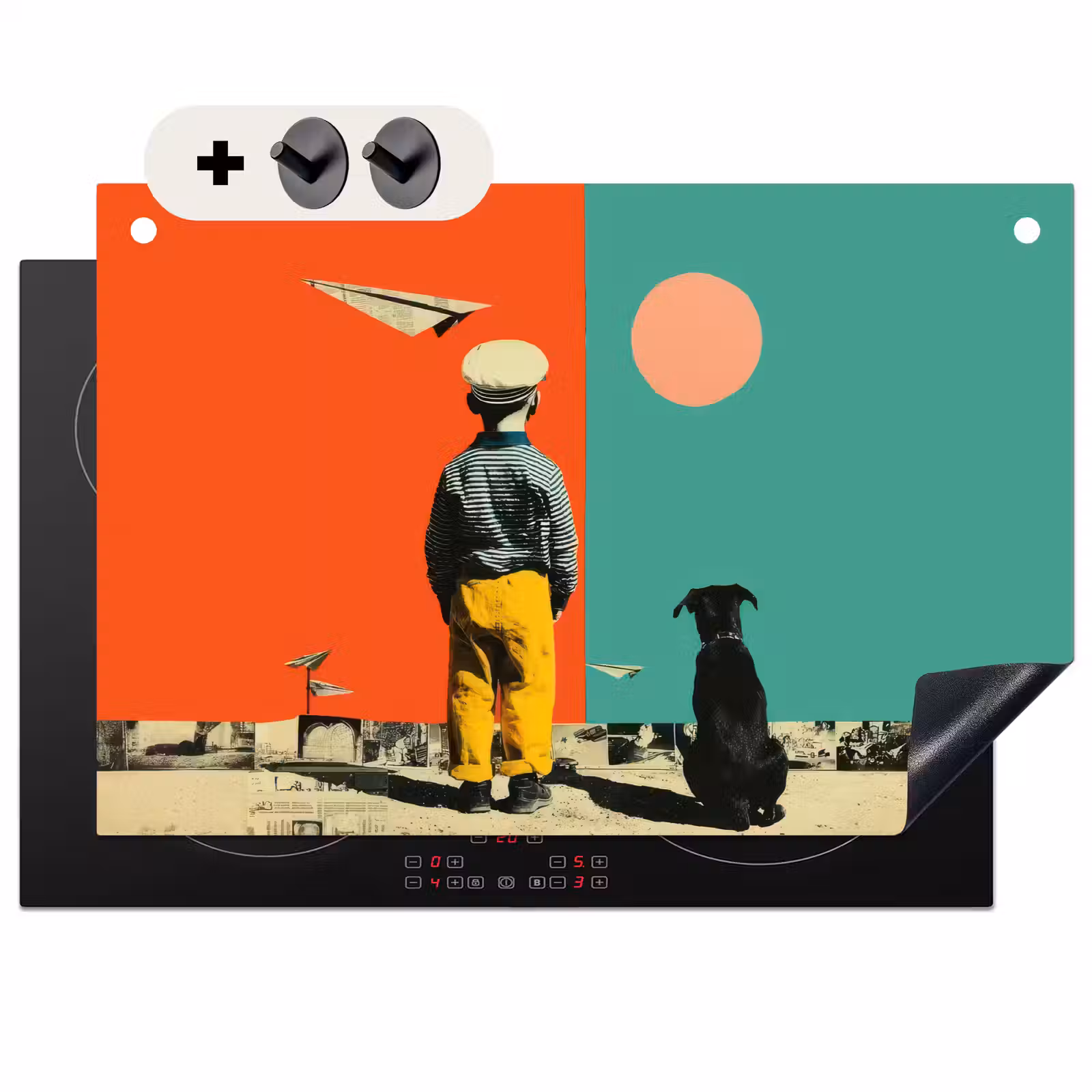 2-in-1 Herdabdeckplatte & Spritzschutz - Retro - Junge - Hund - Rot - Grün - Retro - Jongen - Hond - Rood - Groen Inductie beschemer met haakjes klein