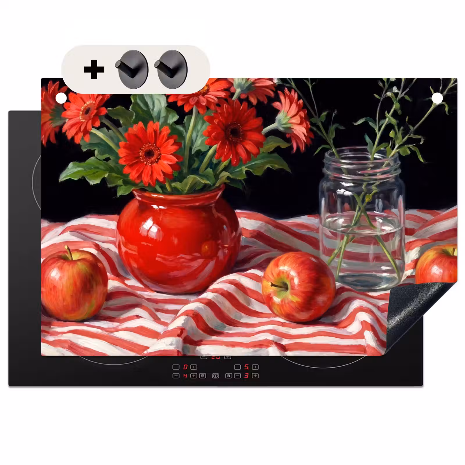 2-in-1 Herdabdeckplatte & Spritzschutz - Rote Blumen – Vase - Rode bloemen - Vaas Inductie beschemer met haakjes klein