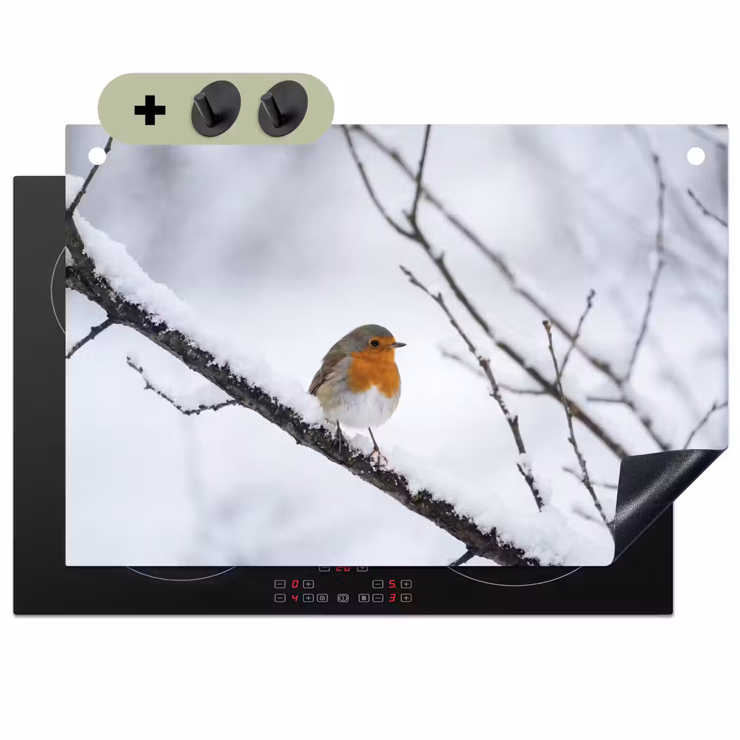 Roodborstje - Tak - Sneeuw - Winter - Levendig Inductie beschemer met haakjes klein -3d