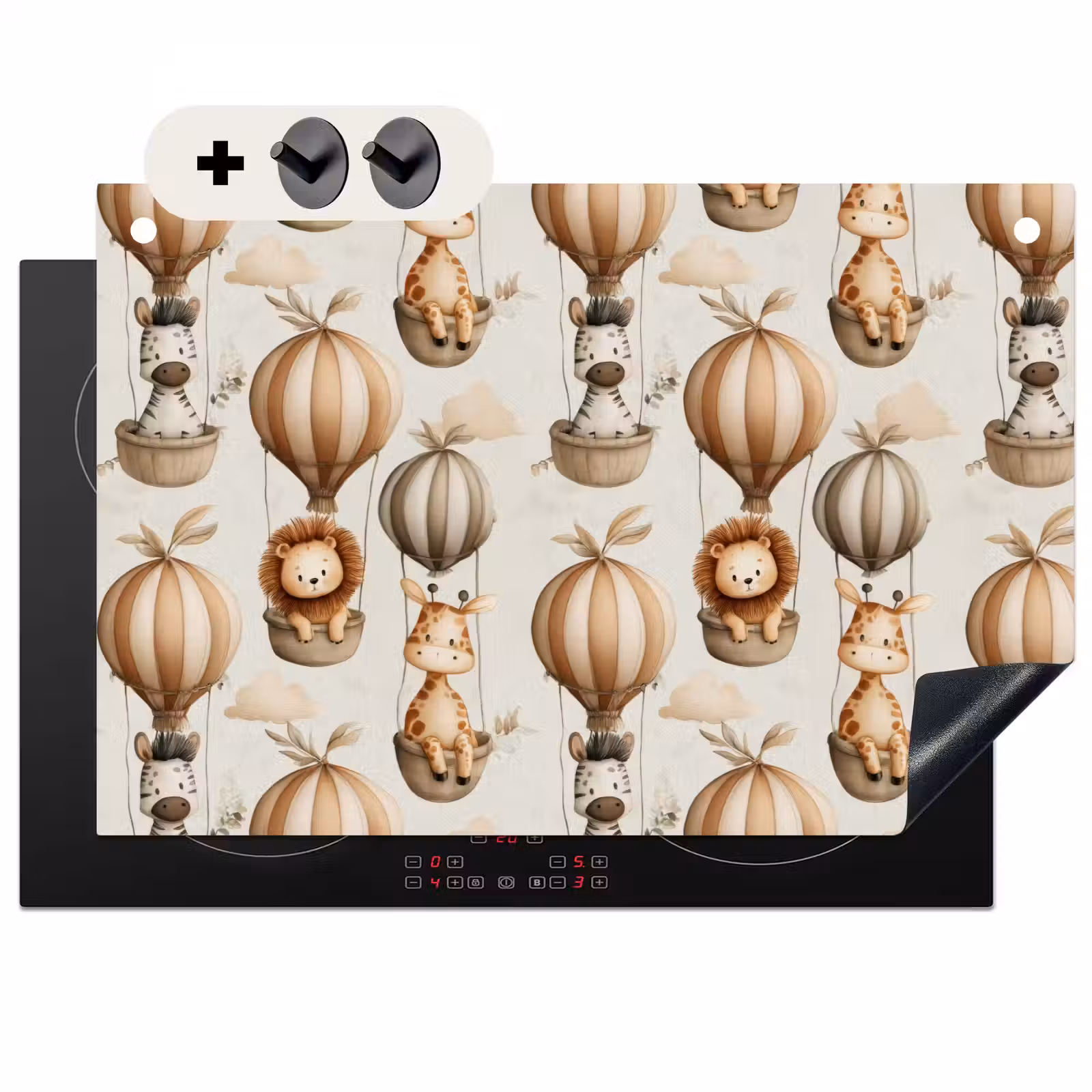2-in-1 Herdabdeckplatte & Spritzschutz - Safari - Heißluftballons - Taupe - Safari - Luchtballonen - Taupe Inductie beschemer met haakjes klein 777