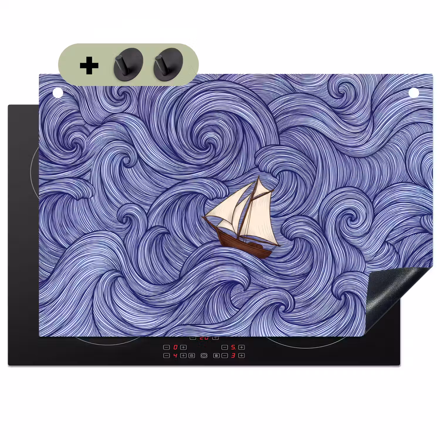 Schip - Golven - Zee - Illustratie - Blauw Inductie beschemer met haakjes klein -3d