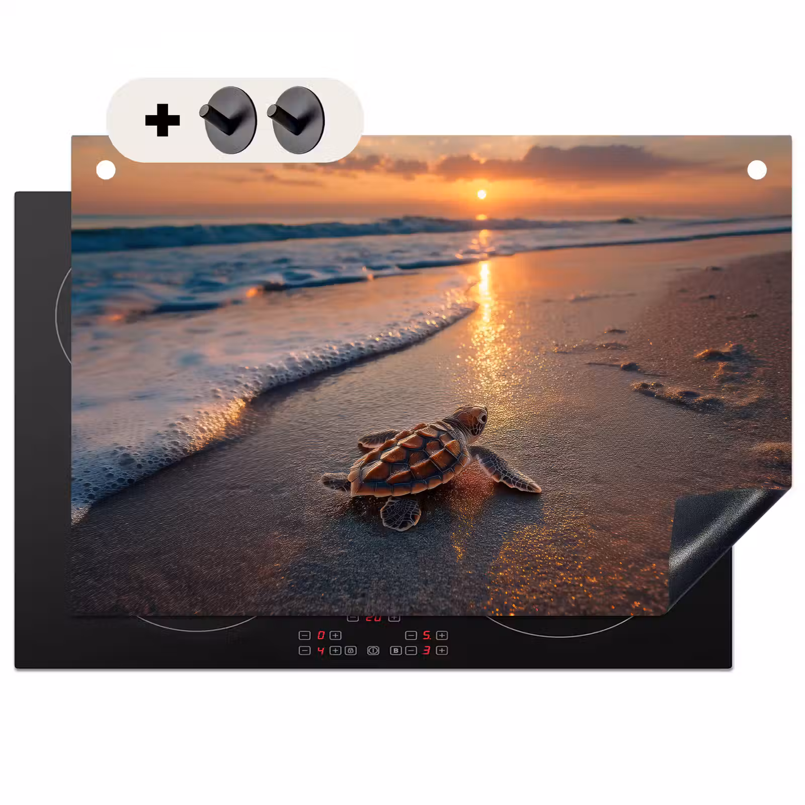 2-in-1 Herdabdeckplatte & Spritzschutz - Schildkröte - Strand - Sonnenuntergang - Schildpad - strand - Zonsondergang Inductie beschemer met haakjes klein