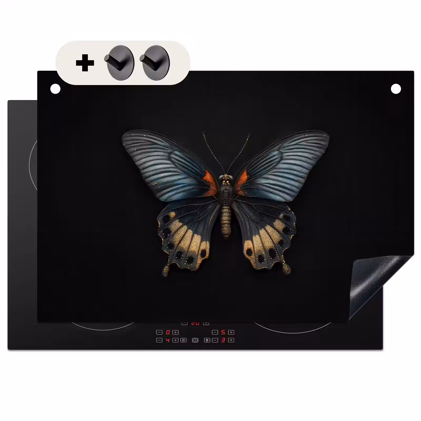 2-in-1 Herdabdeckplatte & Spritzschutz - Schmetterling - Metallisch - Geometrisches Muster - Vlinder - Metaalachtig - Geometrisch patroon Inductie beschemer met haakjes klein