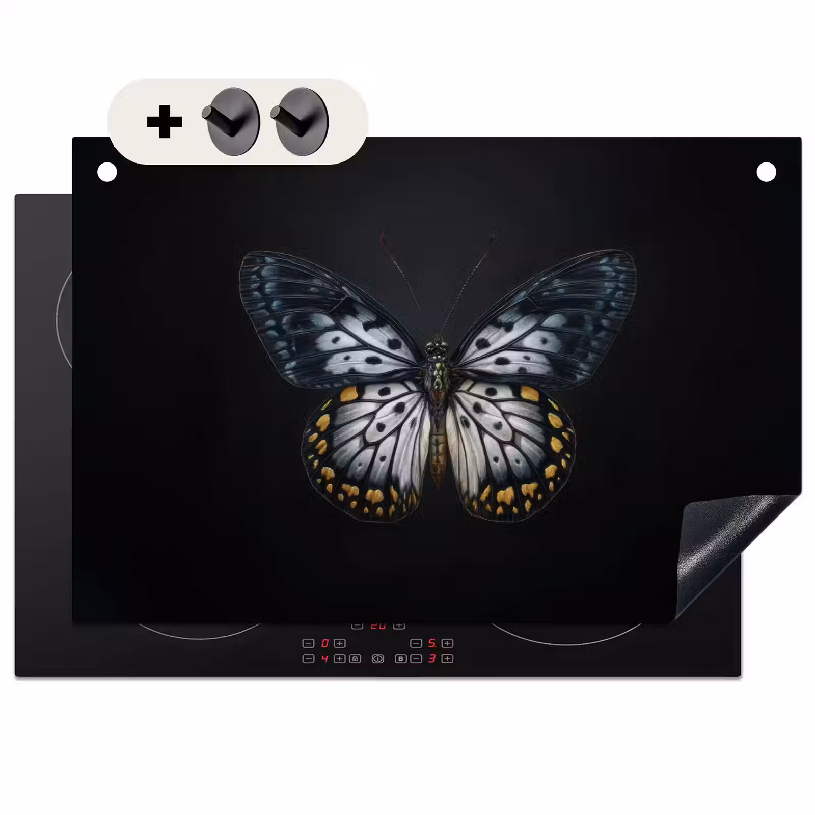 2-in-1 Herdabdeckplatte & Spritzschutz - Schmetterling - Monochrom - Balance - Vlinder - Monochroom - Balans Inductie beschemer met haakjes klein