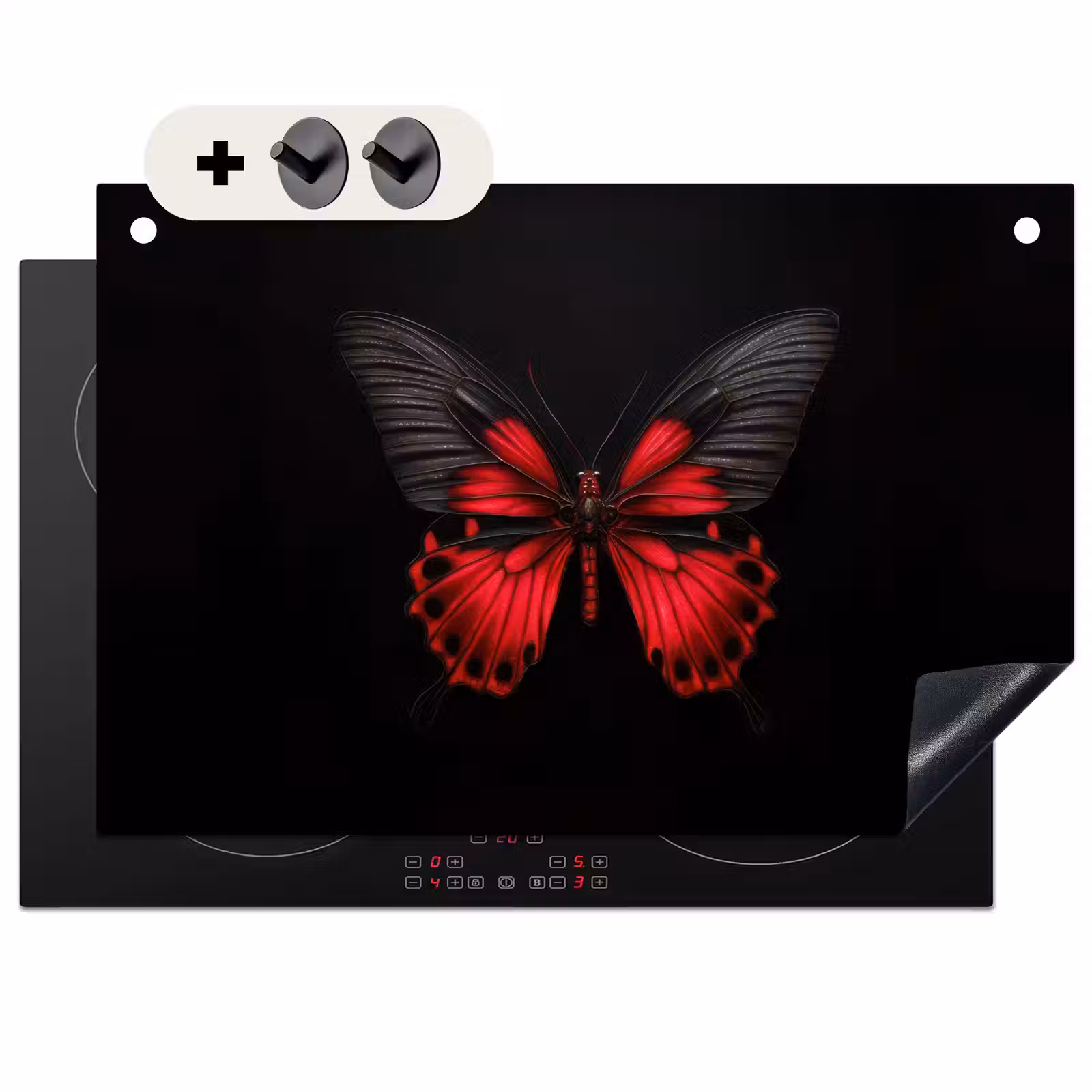 2-in-1 Herdabdeckplatte & Spritzschutz - Schmetterling - Rot - Kontrast - Vlinder - Rood - Contrast Inductie beschemer met haakjes klein