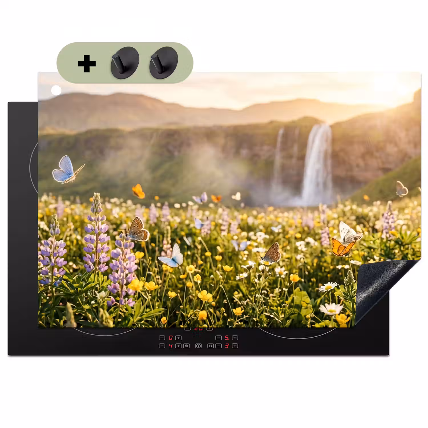 Vlinders - Waterval - Bloemenveld Inductie beschemer met haakjes klein -3d