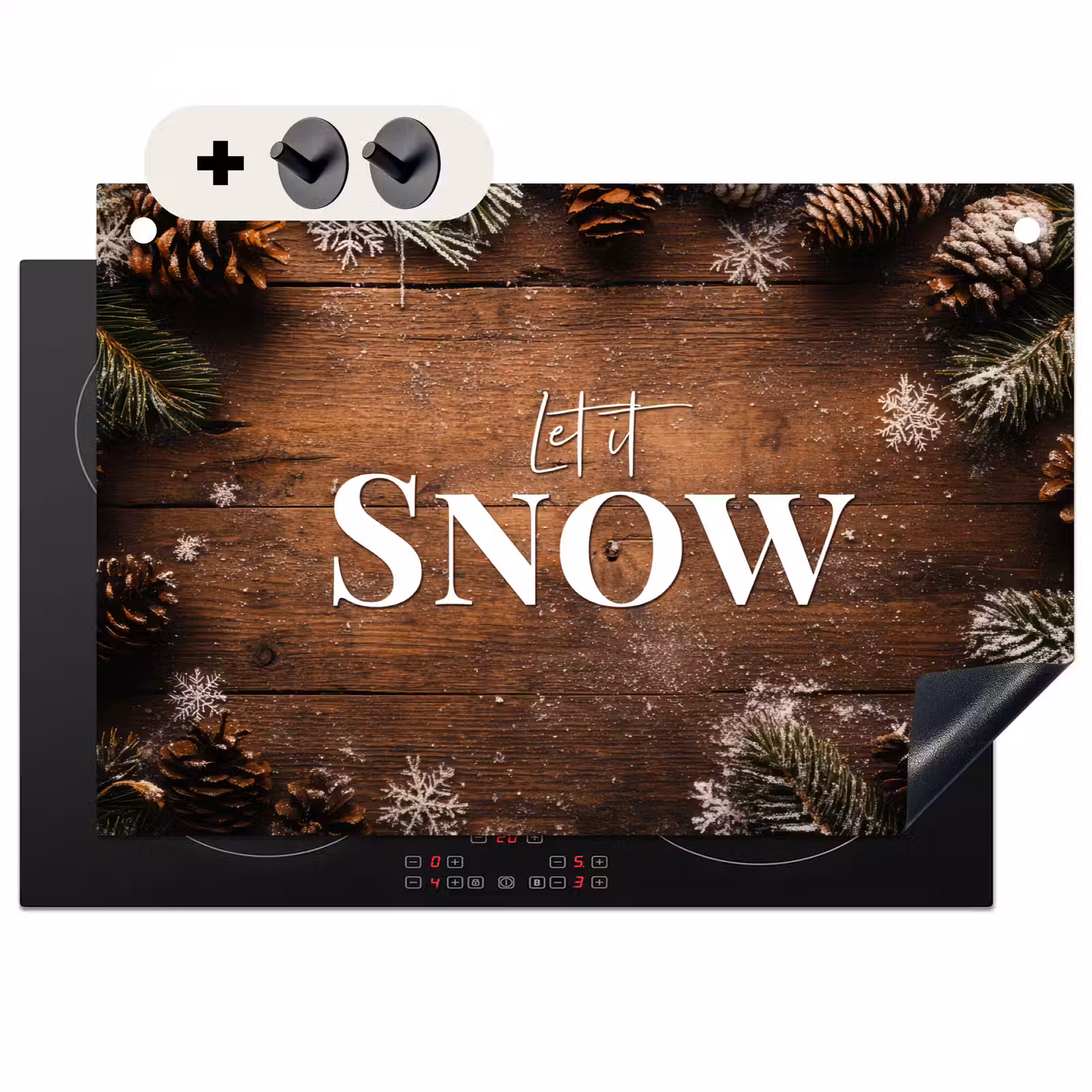 2-in-1 Herdabdeckplatte & Spritzschutz - Schnee - Holzoptik - Zitat - Let it snow — 1