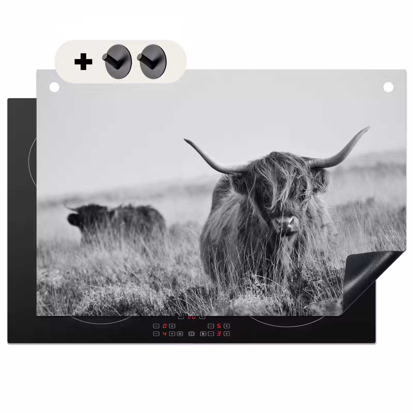 2-in-1 Herdabdeckplatte & Spritzschutz - Schottischer Highlander in Monochrom - Schotse Hooglander in Monochroom Inductie beschemer met haakjes klein