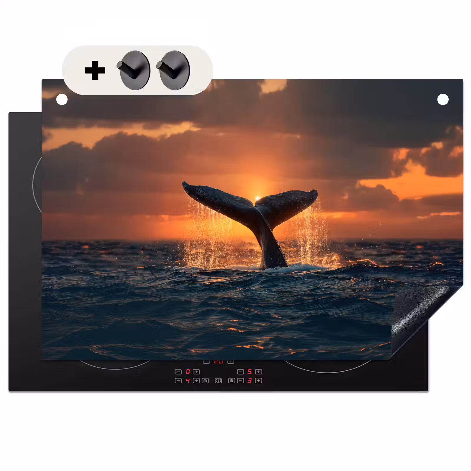 2-in-1 Herdabdeckplatte & Spritzschutz - Schwanz eines Wals - Wasser - Sonnenuntergang - Walvis staart - Water - Zonsondergang Inductie beschemer met haakjes klein