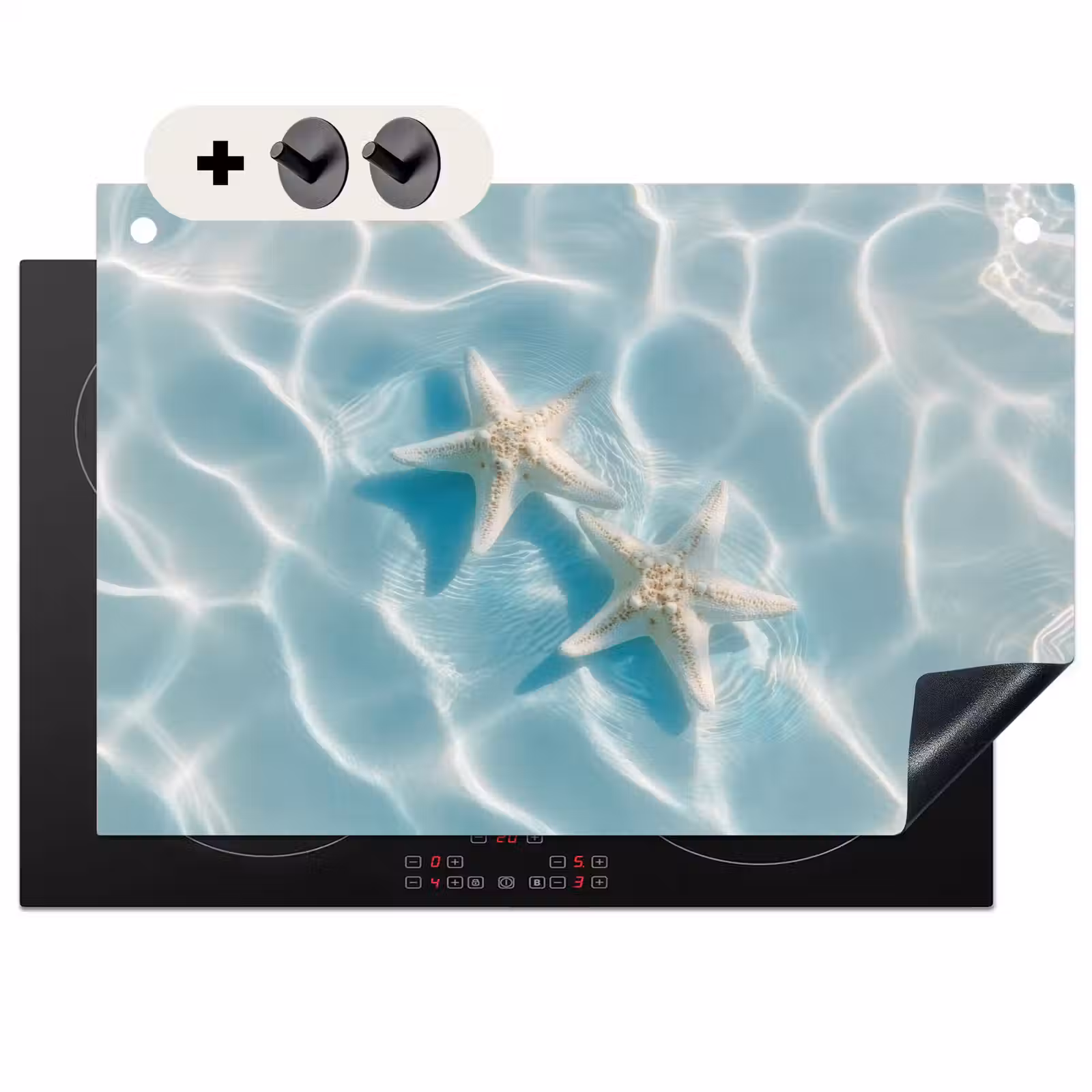 2-in-1 Herdabdeckplatte & Spritzschutz - Seesterne - Gewelltes Wasser - Beruhigend - Zeesterren - Golvend water - Rustgevend Inductie beschemer met haakjes klein