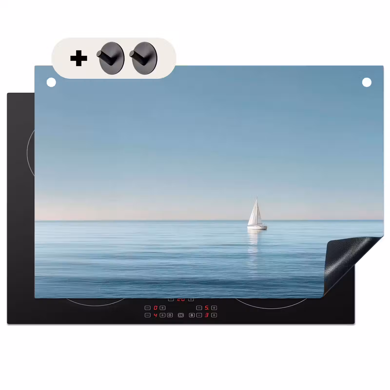 2-in-1 Herdabdeckplatte & Spritzschutz - Segelboot - Ruhige See - Strahlend blauer Himmel - Zeilbootje - Kalme zee - Helderblauwe hemel Inductie beschemer met haakjes klein
