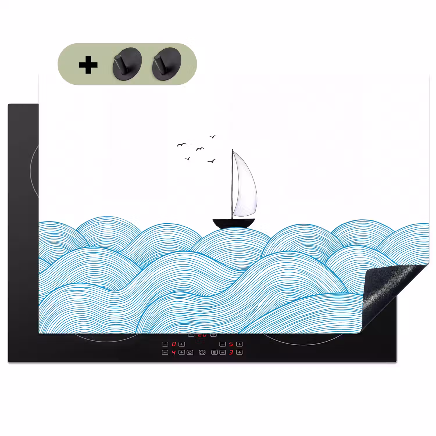 Zeilboot - Golven - Zee - Illustratie - Blauw Inductie beschemer met haakjes klein -3d
