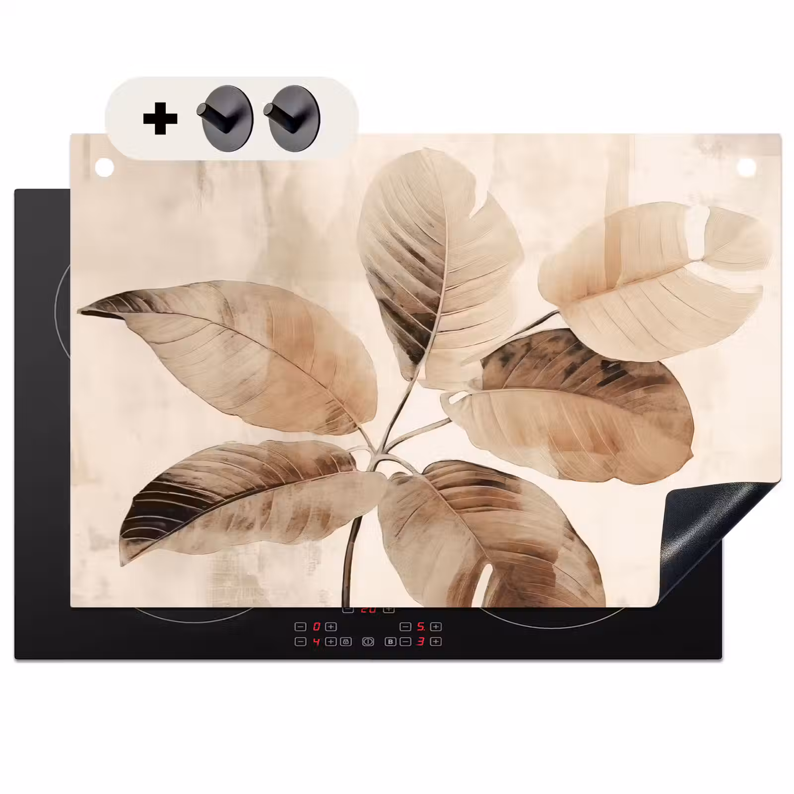 2-in-1 Herdabdeckplatte & Spritzschutz - Sepia-Blatt-Stillleben - Sepia Bladstilleven Inductie beschemer met haakjes klein