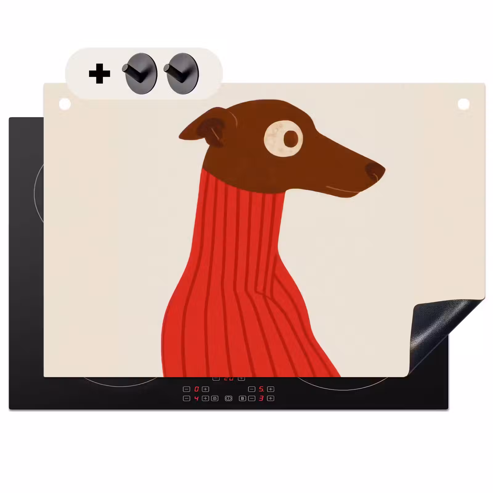 2-in-1 Herdabdeckplatte & Spritzschutz - Silhouette - Hund - Pullover - Rot - Silhouet - Hond - Trui - Rood Inductie beschemer met haakjes klein