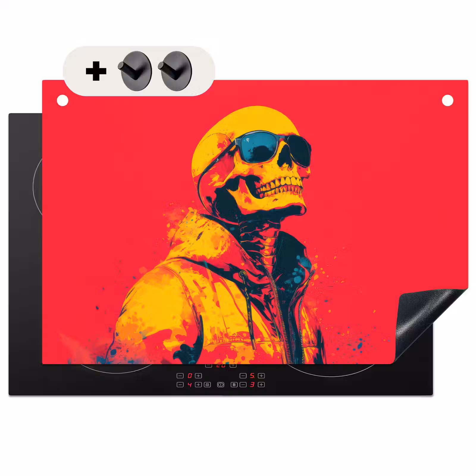 2-in-1 Herdabdeckplatte & Spritzschutz - Sonnenbrille - Totenkopf - Jacke - Rot - Zonnebril - Schedel - Jas - Rood Inductie beschemer met haakjes klein