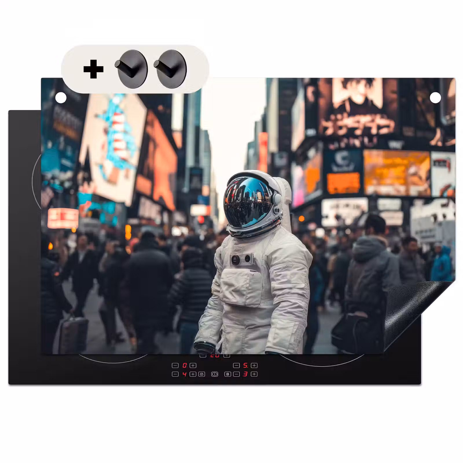 2-in-1 Herdabdeckplatte & Spritzschutz - Stadt - Menschen - Astronaut - Weiß - Stad - Mensen - Astronaut - Wit Inductie beschemer met haakjes klein