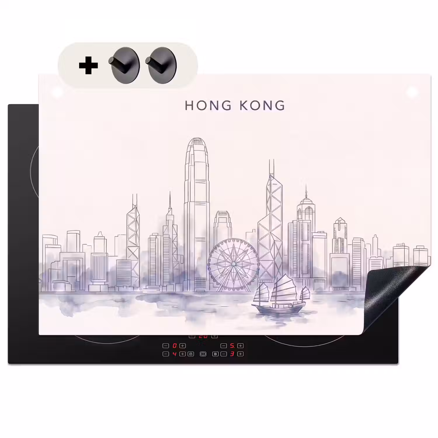 Stad - Skyline - Water - Lijntekening - Blauw Inductie beschemer met haakjes klein -3d