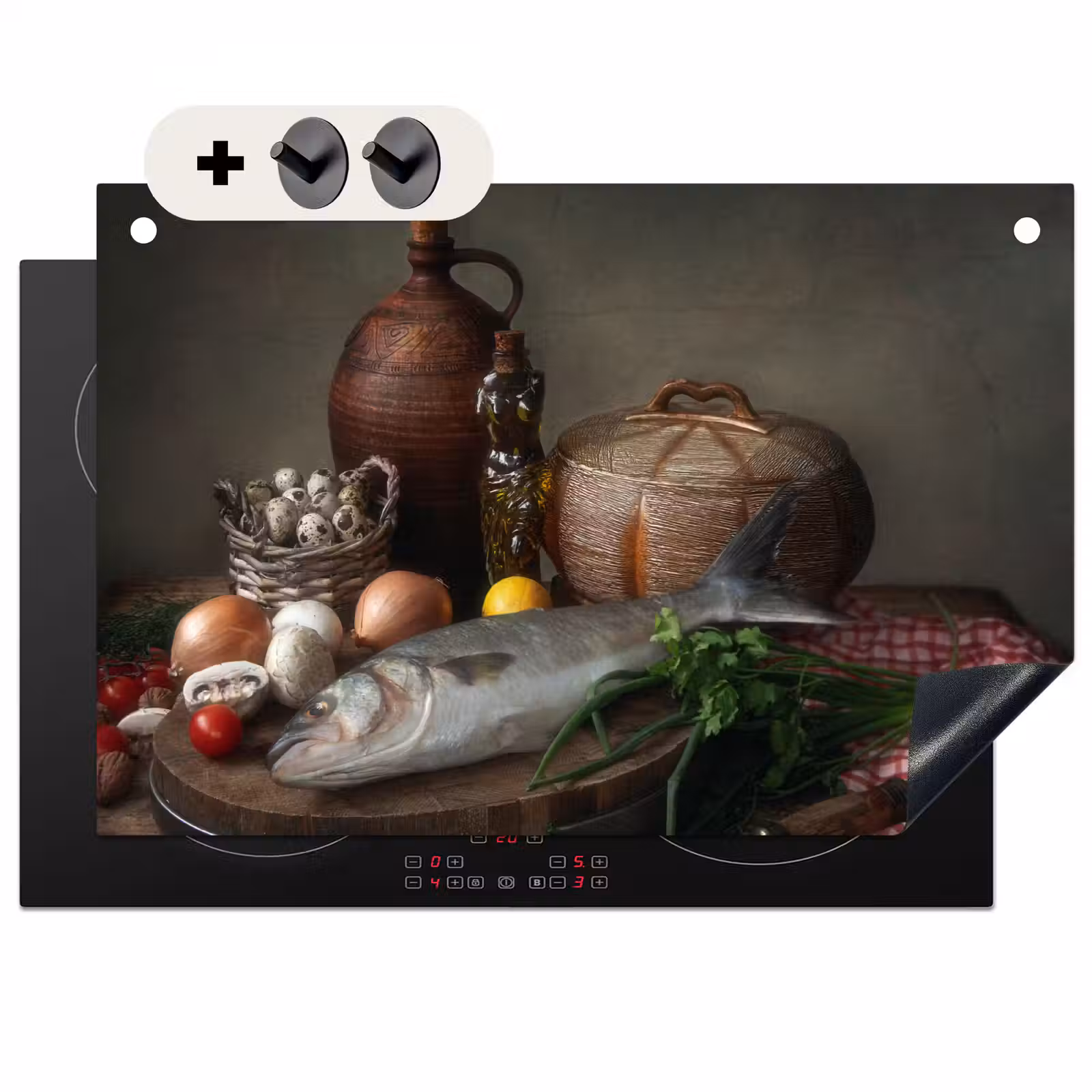2-in-1 Herdabdeckplatte & Spritzschutz - Stilleben mit Fisch und Olivenöl - Stilleven met Vis en Olijfolie Inductie beschemer met haakjes klein