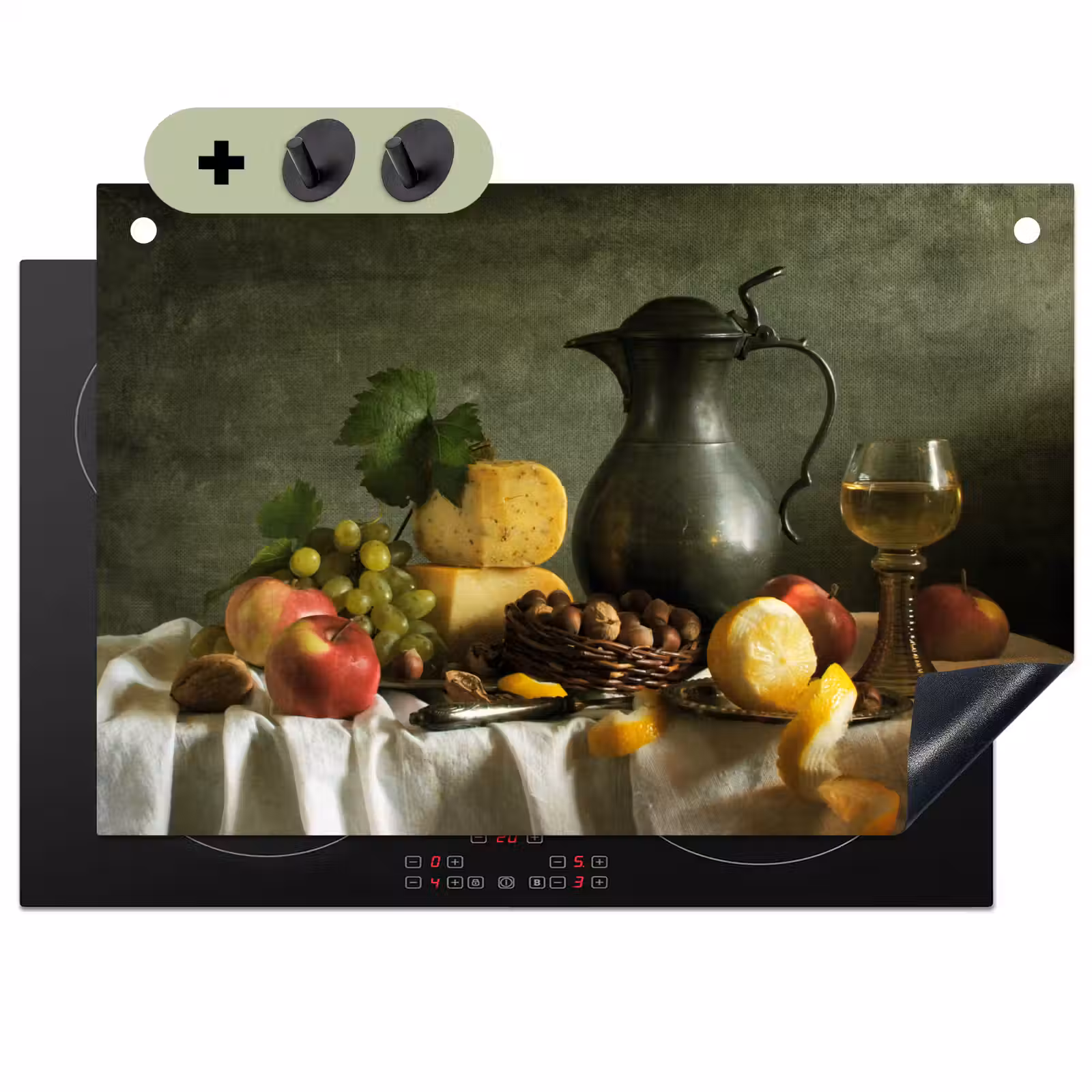 2-in-1 Herdabdeckplatte & Spritzschutz - Stilleben mit Käse und Obst - Stilleven met Kaas en Fruit Inductie beschemer met haakjes klein