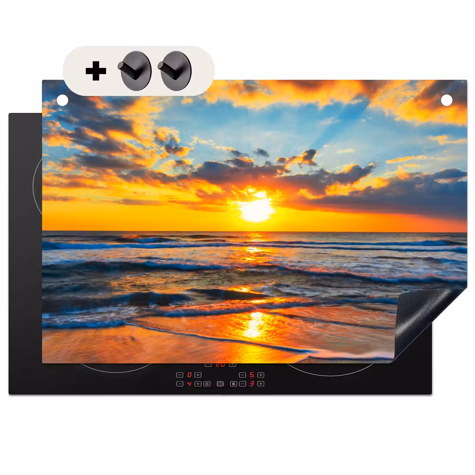 2-in-1 Herdabdeckplatte & Spritzschutz - Strand – Meer – Sonnenuntergang - Strand - Zee - Zonsondergnag Inductie beschemer met haakjes klein