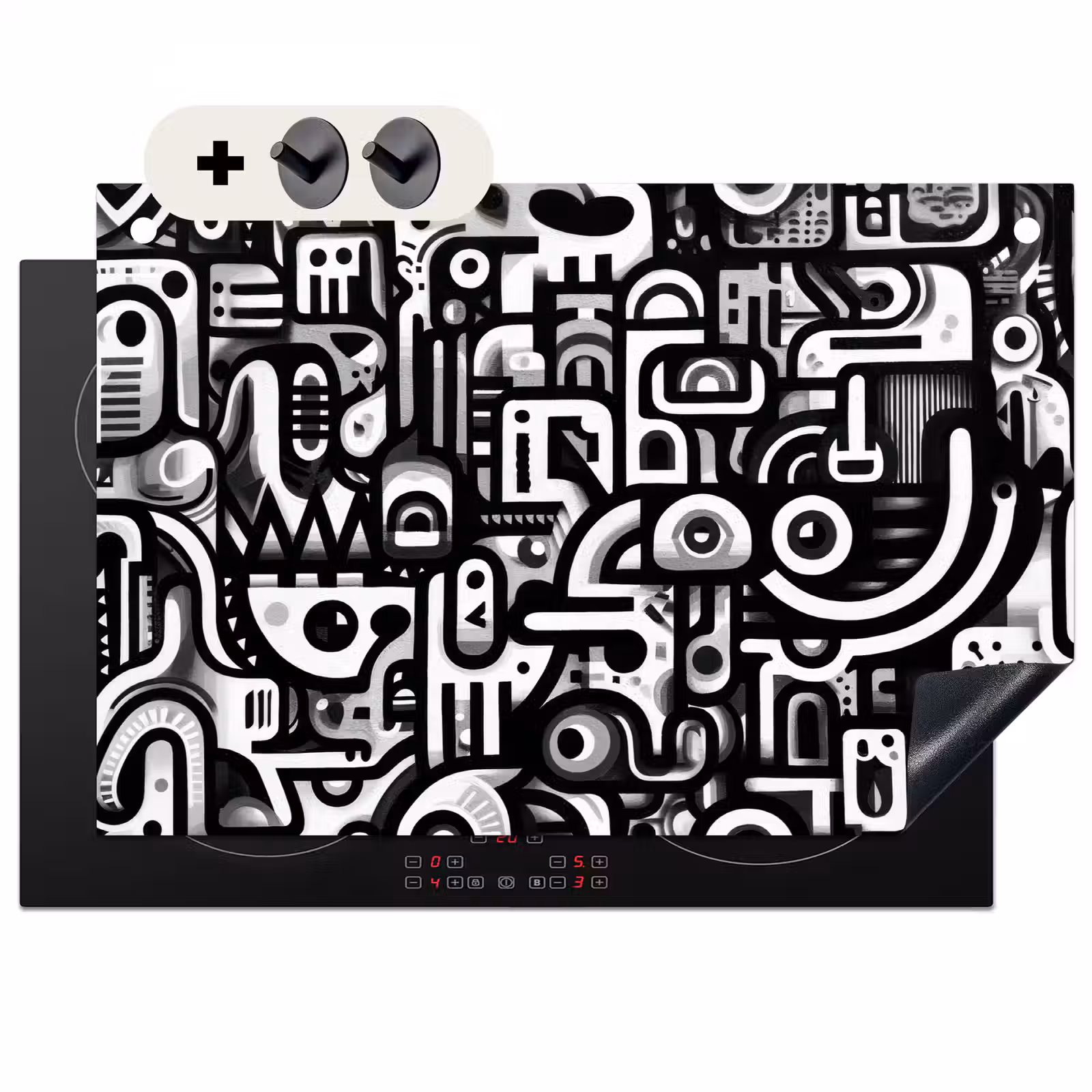 2-in-1 Herdabdeckplatte & Spritzschutz - Symbole - Abstrakt - Grafik - Schwarz - Symbolen - Abstract - Grafisch - Zwart Inductie beschemer met haakjes klein