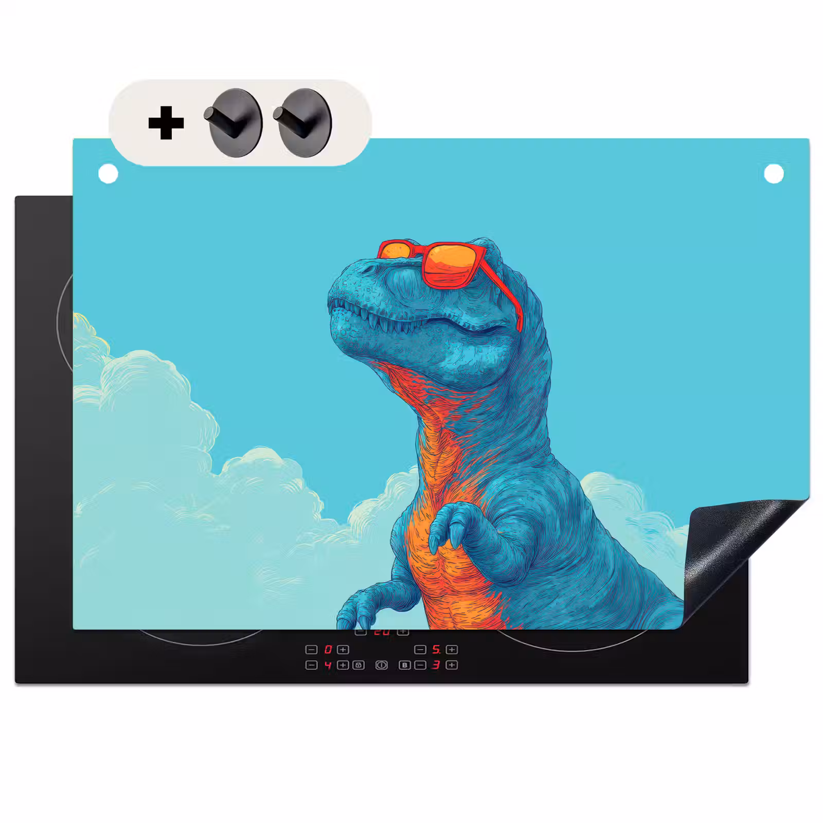 2-in-1 Herdabdeckplatte & Spritzschutz - T-Rex - Blau - Wolken - Sonnenbrille - T-Rex - Blauw - Wolken - Zonnebril Inductie beschemer met haakjes klein