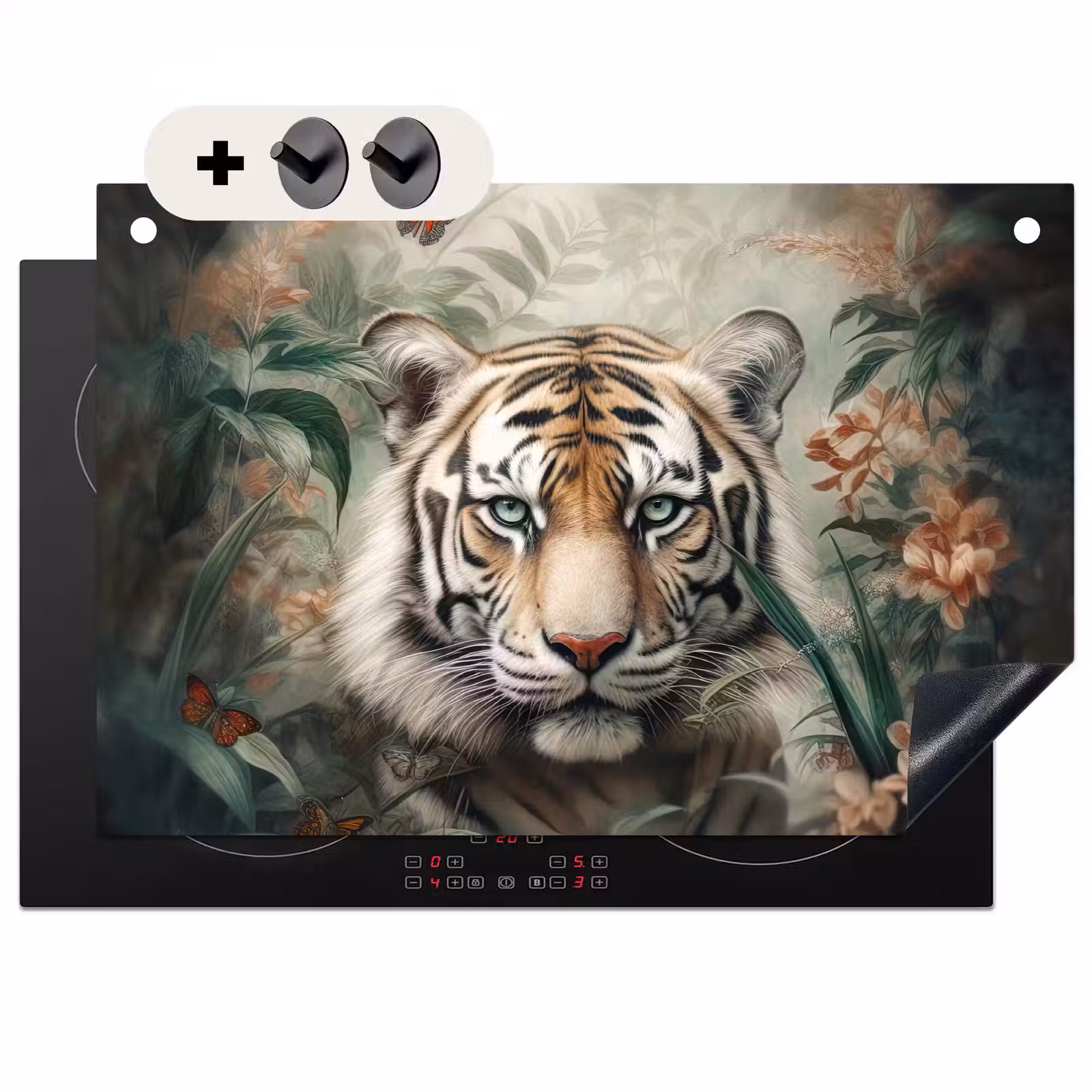 2-in-1 Herdabdeckplatte & Spritzschutz - Tiger - Schmetterlinge - Tiere - Dschungel - Blumen - Tijger - Vlinders - Dieren - Jungle - Bloemen Inductie beschemer met haakjes klein