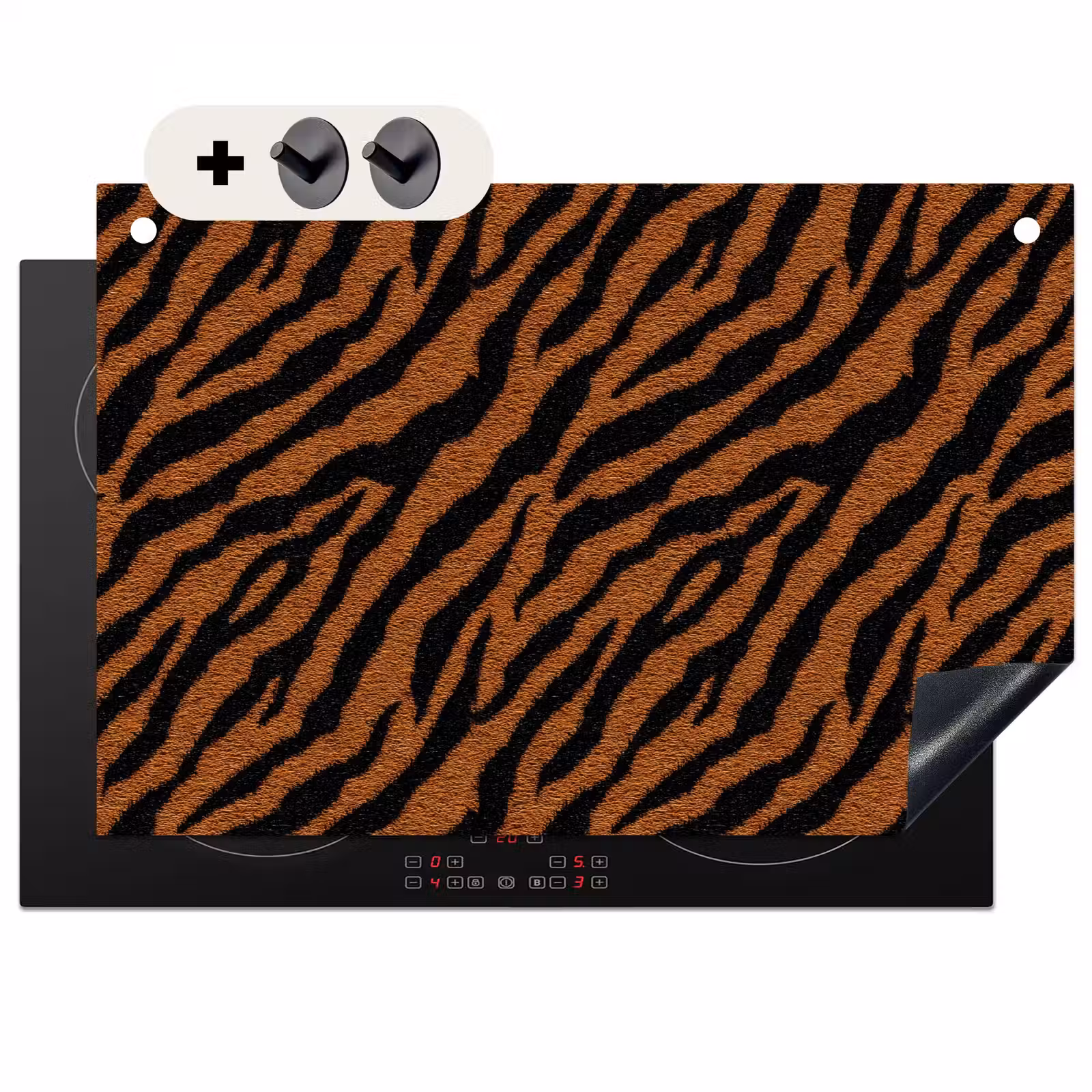 2-in-1 Herdabdeckplatte & Spritzschutz - Tiger – Schwarz – Fell - Tijger - Zwart - Vacht Inductie beschemer met haakjes klein 777
