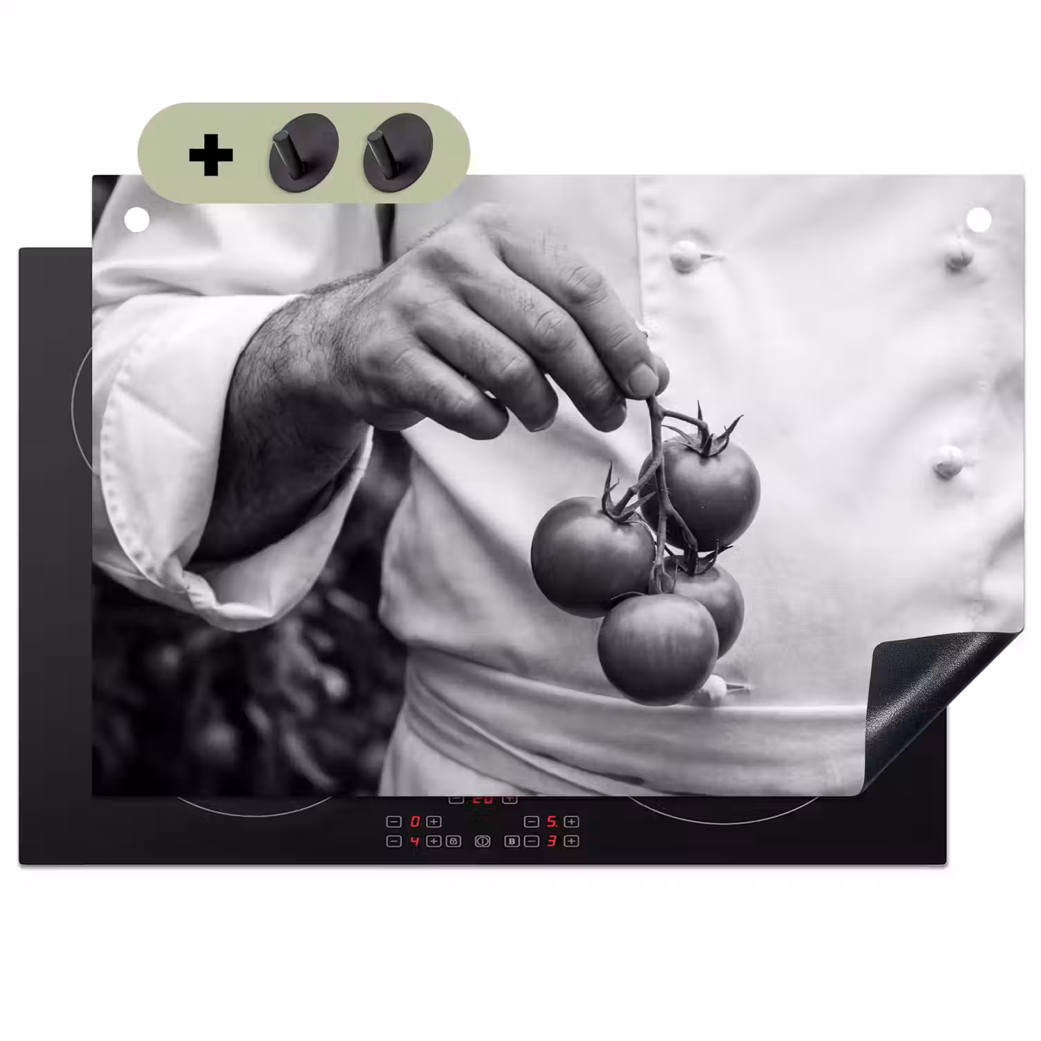 Tomaten - Chef - Zwart - Wit Inductie beschemer met haakjes klein -3d