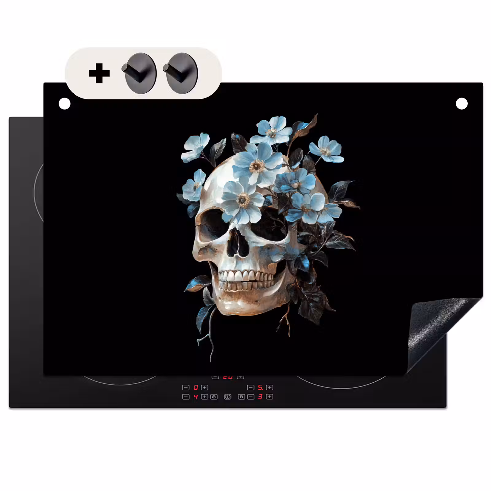 2-in-1 Herdabdeckplatte & Spritzschutz - Totenkopf - Blau - Blumen - Blätter - Schedel - Blauw - Bloemen - Bladeren Inductie beschemer met haakjes klein
